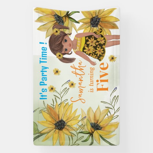 Zonnebloem Waterverf Vijfde Meisje Verjaardag Spandoek (Verticaal)