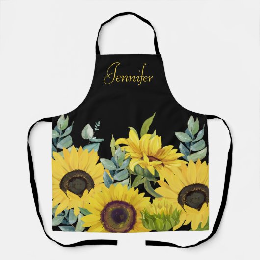 Zonnebloem Waterverf Zwarte Achtergrond Monogram Schort (Voorkant)