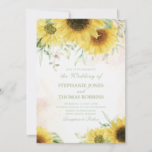 Zonnebloem weide paar foto bruiloft uitnodiging (Voorkant)