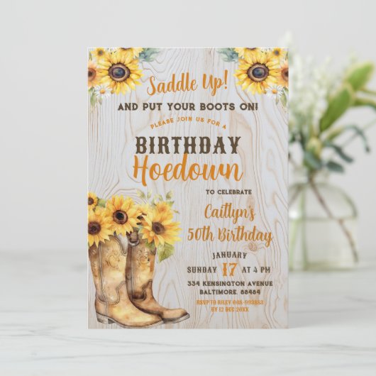 Zonnebloem Western Hoedown Rustieke Verjaardag Cow Kaart (Staand voorkant)