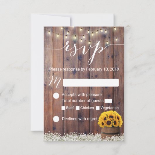 Zonnebloem Wijn Barrel Rustieke Bruiloft RSVP Kaartje (Voorkant)