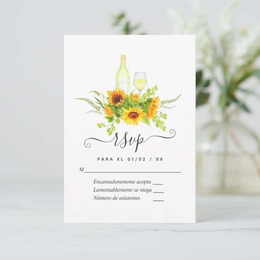 Zonnebloem Wijnproeverij Bruidsfeest RSVP Kaartje (Staand voorkant)