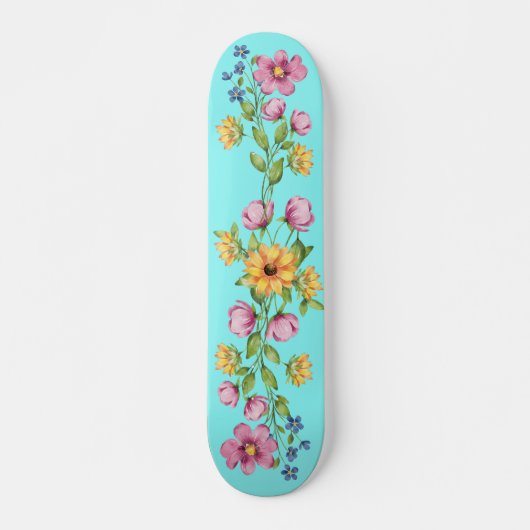 Zonnebloem & Wildbloemen op Blauwgroen Skateboard (Voorkant)