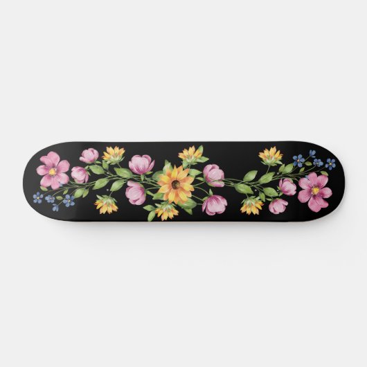 Zonnebloem & Wildbloemen op Zwart Skateboard (Horizontaal)