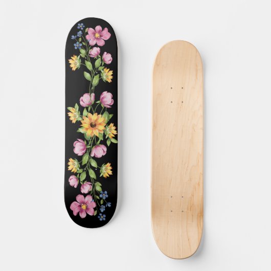Zonnebloem & Wildbloemen op Zwart Skateboard (Voorkant)