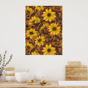 Zonnebloem, wilde zonnebloem in geel en bruin poster