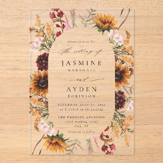 Zonnebloem & Wildflowers Bloemenbruiloft Acryl Uitnodigingen (Voorkant)