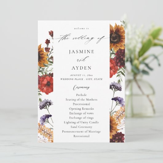 Zonnebloem & Wildflowers Floral Wedding Program Kaart (Staand voorkant)