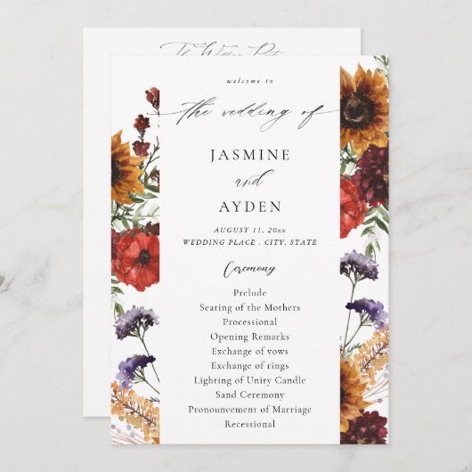 Zonnebloem & Wildflowers Floral Wedding Program Kaart (Voorkant / Achterkant)