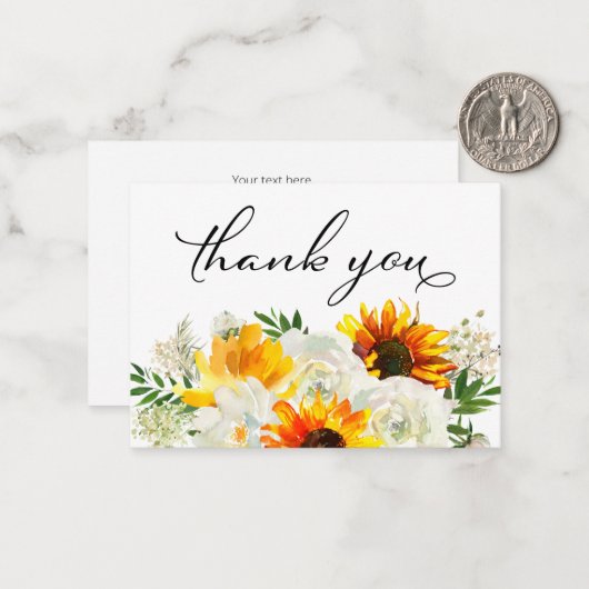 Zonnebloem & wit bloemwit 2b klein dank u notitiekaartje (Voorkant / Achterkant in situ)