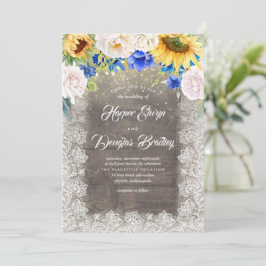 Zonnebloem Wit en Blauw Rustiek Herfst Bruiloft Kaart (Staand voorkant)