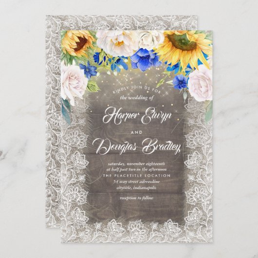Zonnebloem Wit en Blauw Rustiek Herfst Bruiloft Kaart (Voorkant / Achterkant)