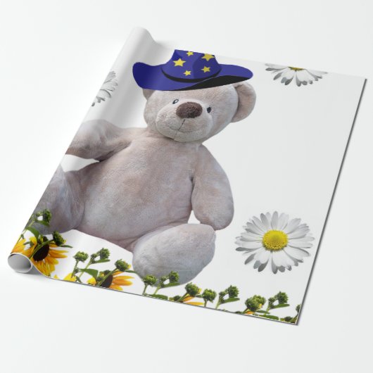 Zonnebloem Wit Teddy Bear Matte Wrapping Paper Cadeaupapier (Uitgerold)