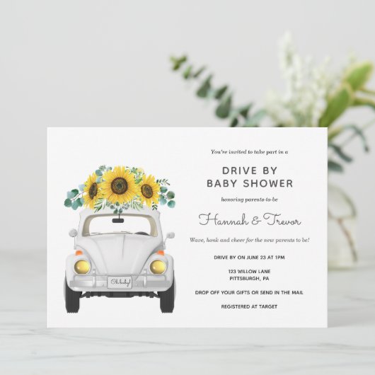 Zonnebloem witte auto rijden met het Baby shower Kaart (Staand voorkant)
