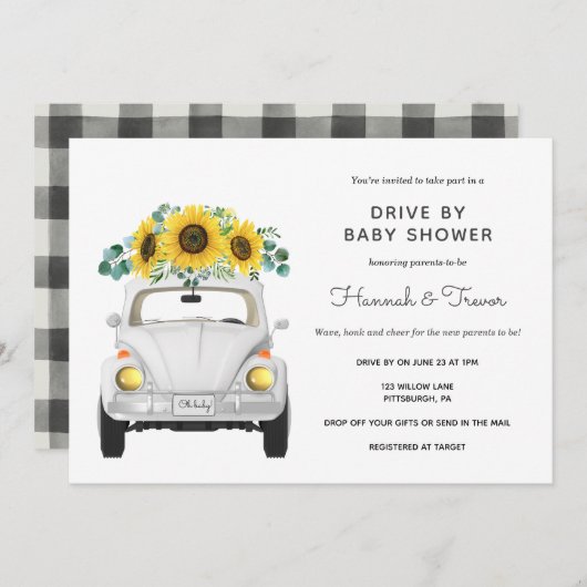 Zonnebloem witte auto rijden met het Baby shower Kaart (Voorkant / Achterkant)