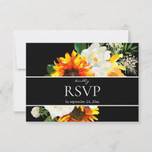 Zonnebloem & Witte Bloemige Artsy met Eten - Zwart RSVP Kaartje