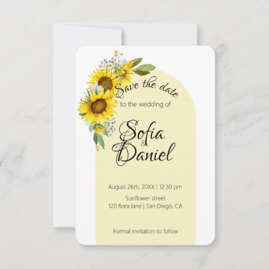 Zonnebloem witte daisy boog elegant save the date (Voorkant)