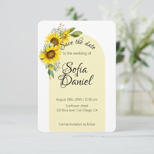 Zonnebloem witte daisy boog elegante foto save the date (Staand voorkant)