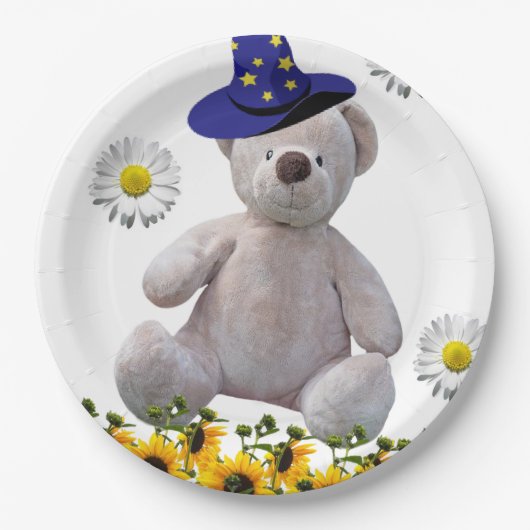 Zonnebloem Witte Teddy Bear Paper Borden Papieren Bordje (Voorkant)