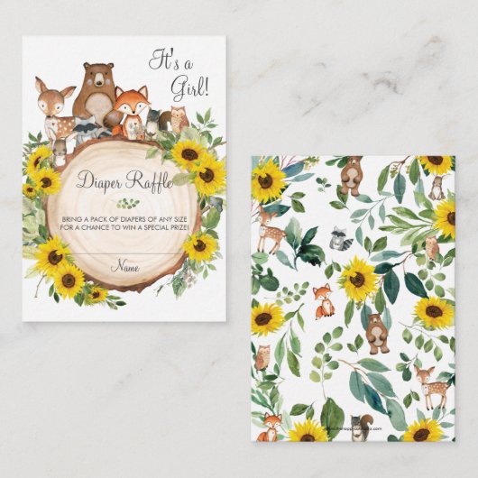 Zonnebloem Woodland Baby shower Luier Raffle Informatiekaartje (Voorkant / Achterkant)