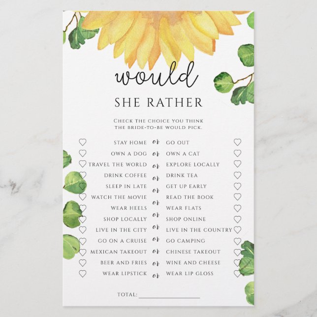 Zonnebloem Would she rather bruiloft spel (Voorkant)