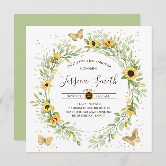 Zonnebloem Wreater met Baby shower van luiende vli Kaart (Voorkant / Achterkant)