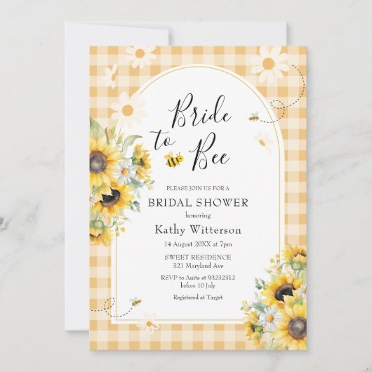 Zonnebloem Yellow Gingham Bride to Bee Bridal Kaart (Voorkant)