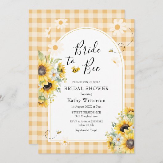 Zonnebloem Yellow Gingham Bride to Bee Bridal Kaart (Voorkant / Achterkant)