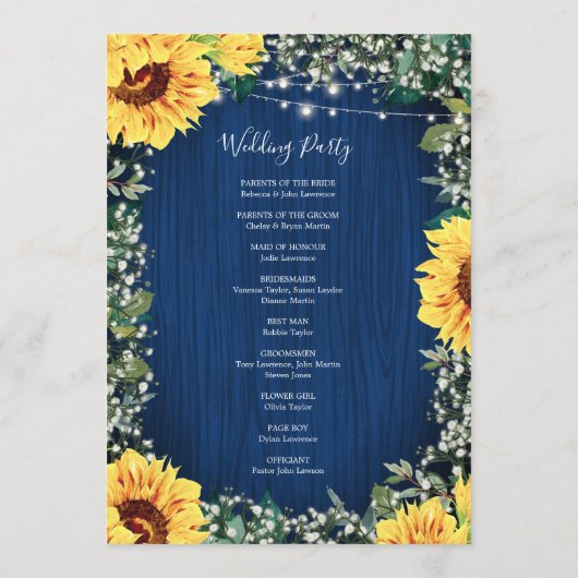 Zonnebloem Zeemacht Babys Breath Lights Weddenscha Programmakaart (Achterkant)