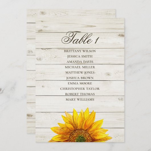 Zonnebloem zitkaart. Rustieke bruiloft houten schu Kaart (Voorkant / Achterkant)