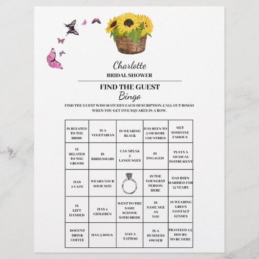 Zonnebloem Zoek de gast Bruidsmeisje Bingo  Flyer (Voorkant)
