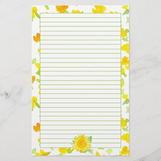 Zonnebloem Zonneschijn Gele Waterverf Bloemen Line Briefpapier (Voorkant)