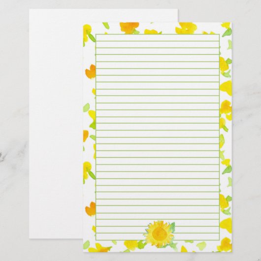 Zonnebloem Zonneschijn Gele Waterverf Bloemen Line Briefpapier (Voorkant / Achterkant)