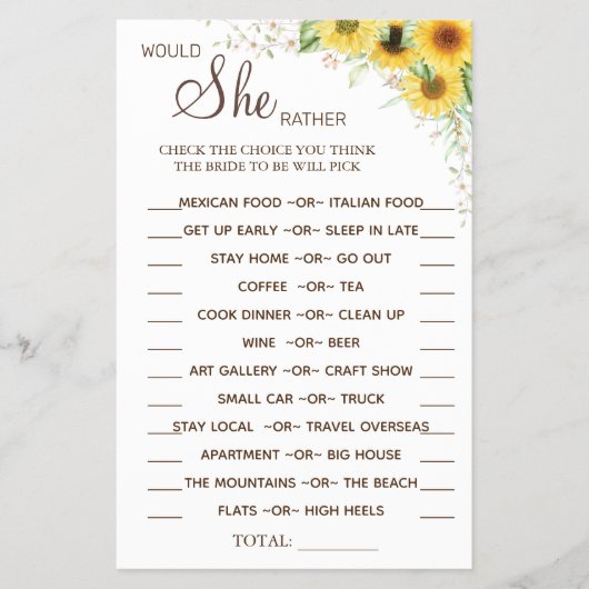 Zonnebloem zou ze liever een douchespelkaart hebbe flyer (Voorkant)