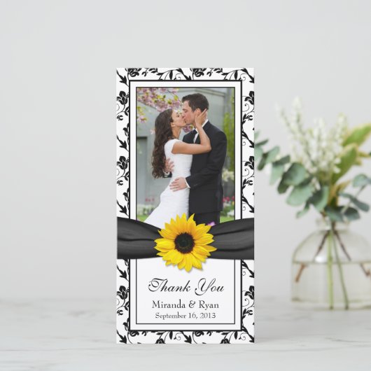 Zonnebloem Zwart Bloemen Ribbon bruiloft Dank u Bedankkaart (Staand voorkant)