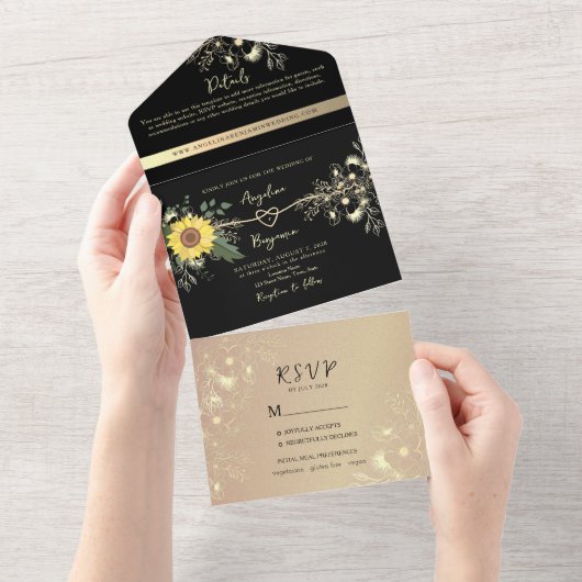 Zonnebloem zwart en goud bruiloft all in one uitnodiging (Afscheurbaar)