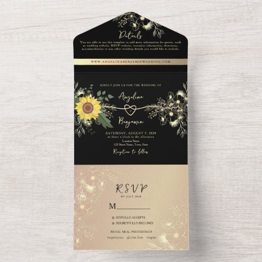 Zonnebloem zwart en goud bruiloft all in one uitnodiging (Binnen)