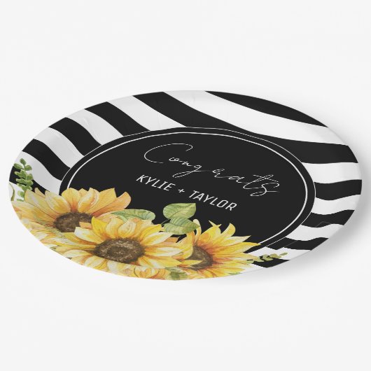 Zonnebloem Zwart en Wit Gestreepte Trouw Bruilofts Papieren Bordje (Gekanteld)