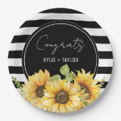 Zonnebloem Zwart en Wit Gestreepte Trouw Bruilofts Papieren Bordje (Voorkant)