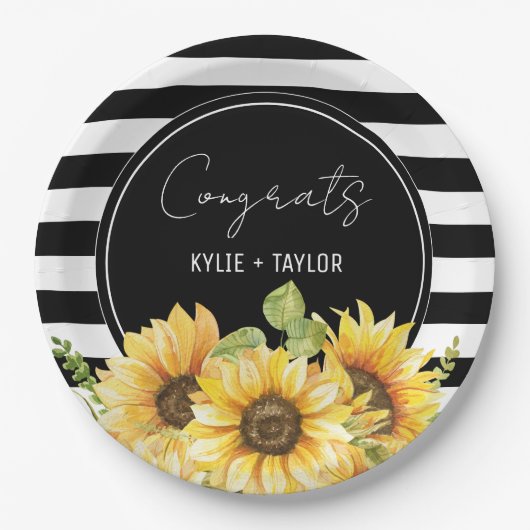 Zonnebloem Zwart en Wit Gestreepte Trouw Bruilofts Papieren Bordje (Voorkant)