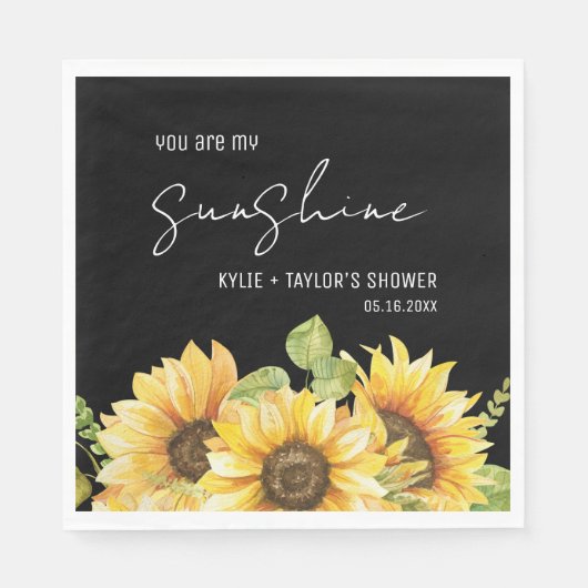 Zonnebloem Zwart en Wit Namen Bruidsfeest Servet (Voorkant)