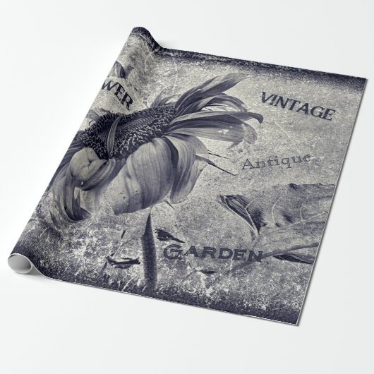 Zonnebloem  zwart en witte ephemera textuur cadeaupapier (Uitgerold)