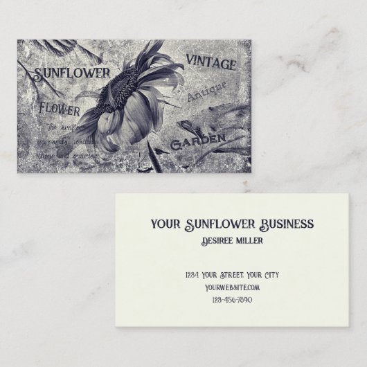 Zonnebloem zwart en witte ephemera textuur visitekaartje (Voorkant / Achterkant)