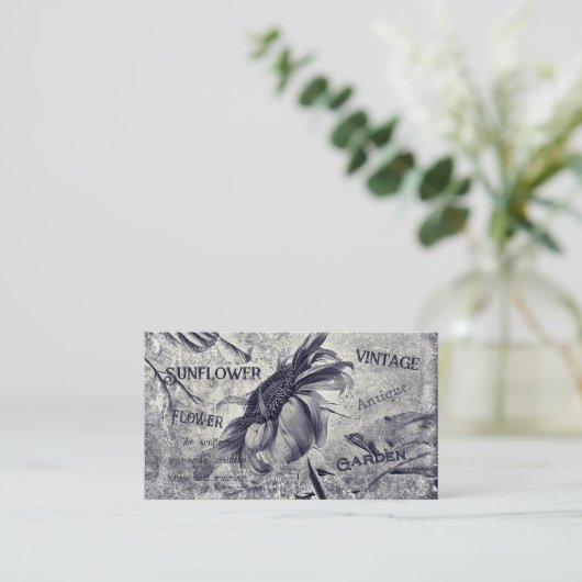 Zonnebloem  zwart en witte ephemera textuur visitekaartje (Staand voorkant)