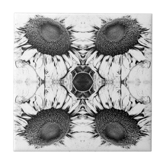  zonnebloem zwart en witte nieuwe kunst tegeltje (Voorkant)