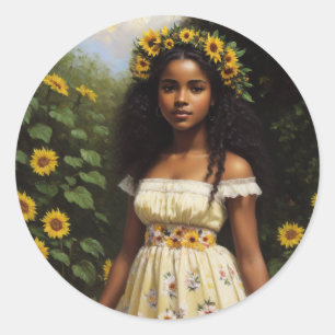 Zonnebloem Zwart Meisje Bloemen Cottagecore Esthet Ronde Sticker
