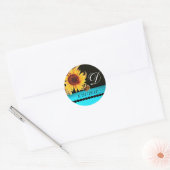 ZONNEBLOEM ZWART WIT AQUA BLAUW BLAUWGROEN MONOGRA RONDE STICKER (Envelop)