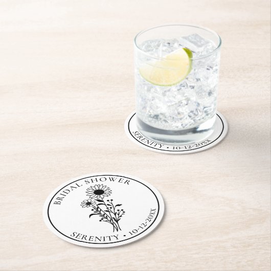 Zonnebloem Zwart Wit Bloem Bruiloft Feest Ronde Kartonnen Onderzetter (Insitu)