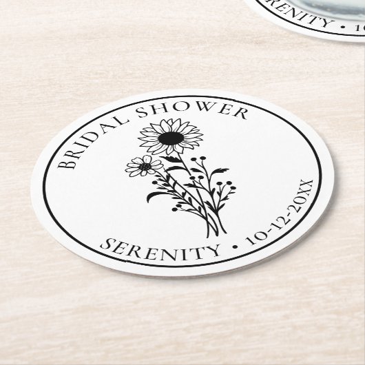 Zonnebloem Zwart Wit Bloem Bruiloft Feest Ronde Kartonnen Onderzetter (Gebogen)