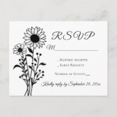 Zonnebloem Zwart Wit Bloemen Huwelijk RSVP Uitnodiging Briefkaart (Voorkant)